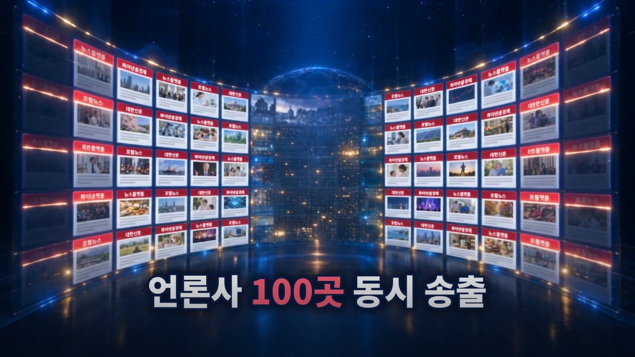뉴스플랫폼 언론홍보 30초 홍보영상 — 언론사 100곳 동시 송출 장면